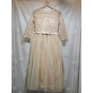 Girls 14-16 Champagne Beige Dress Maxi Tulle Floral Lace Bodice Wedding party